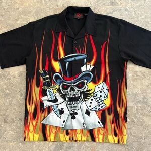 Vintage 2000s D Clothing Skull Flames Button Shirt XL